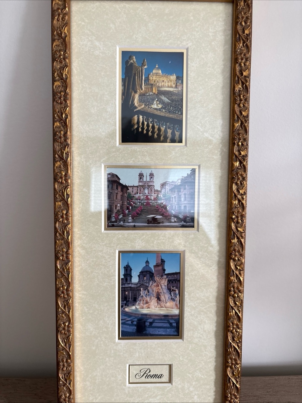 Vertical triple-photo decorative frame featuring iconic scenes of Rome Italy
